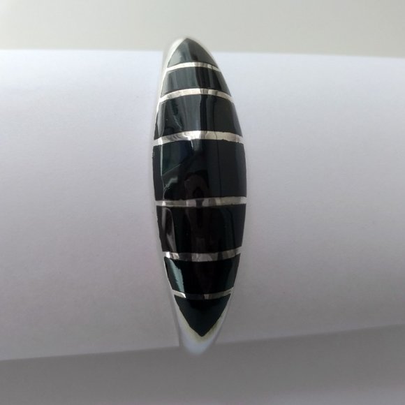 Heavy Sterling Silver Bangle Bracelet Black with Enamel Inlay for a Small Wrist - Picture 5 of 7